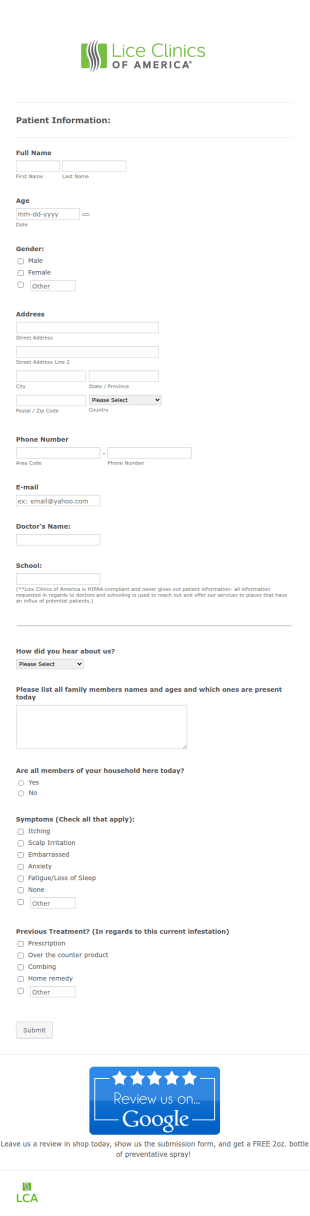 Lice Infestations Patient Intake Form Template