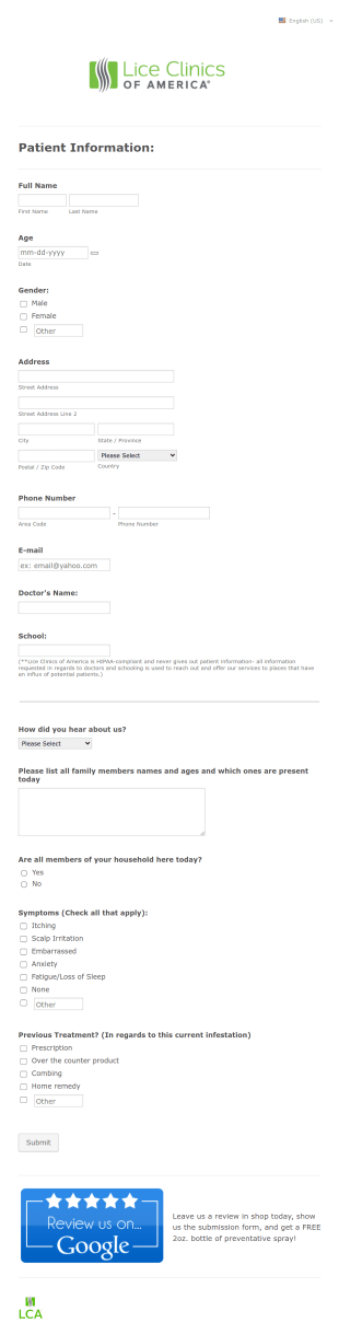 Lice Infestations Patient Intake Form Template