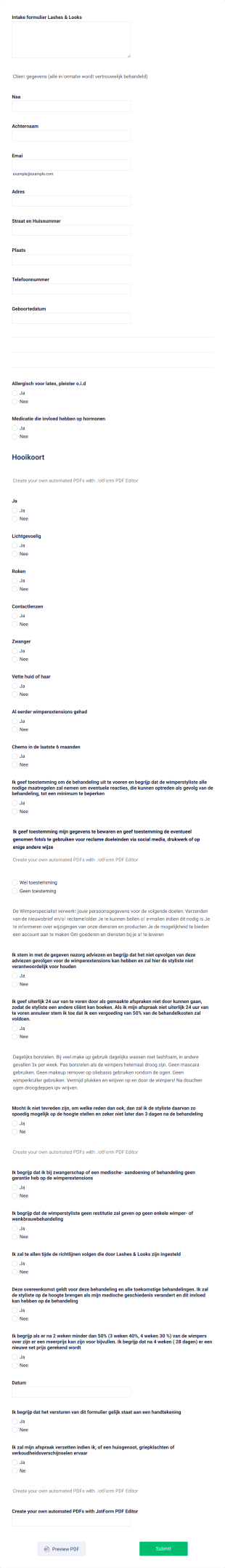 Intake Formulier Lashes & Looks Form Template