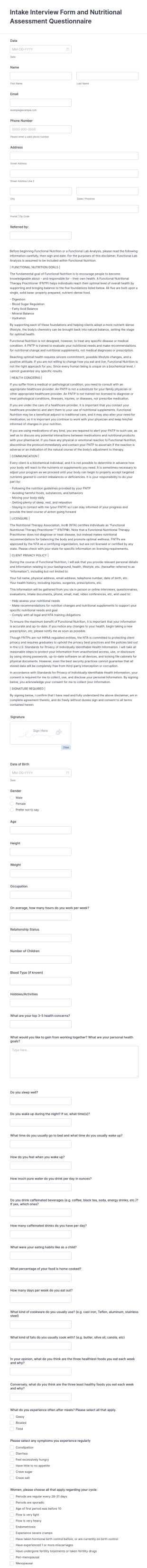 Intake Interview Form And Nutritional Assessment Questionnaire
