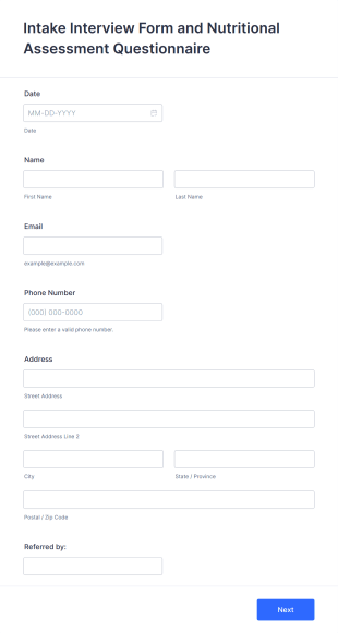 Intake Interview Form And Nutritional Assessment Questionnaire Form Template