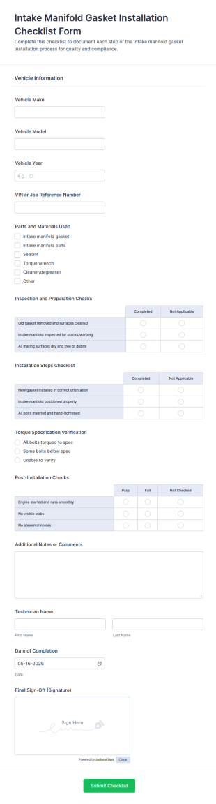 Intake Manifold Gasket Installation Checklist Form Template