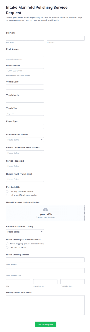 Intake Manifold Polishing Service Request Form Template