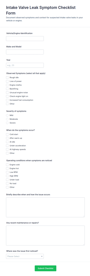 Intake Valve Leak Symptom Checklist Form Template