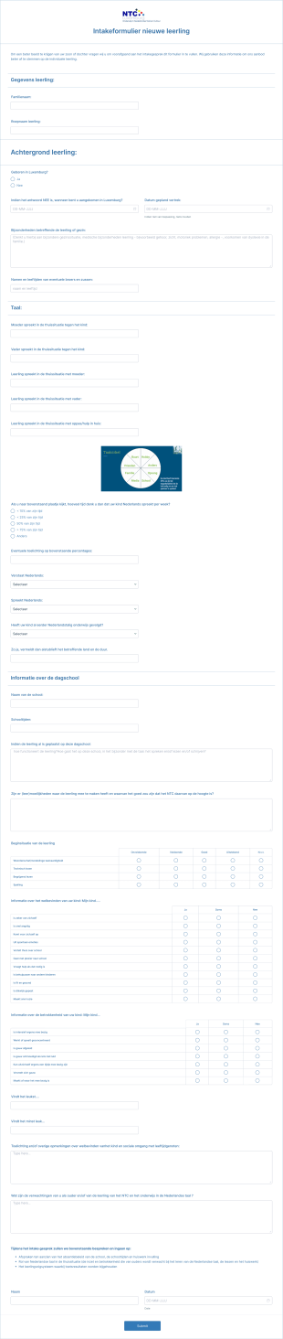Intakeformulier Nieuwe NTC Leerlingen