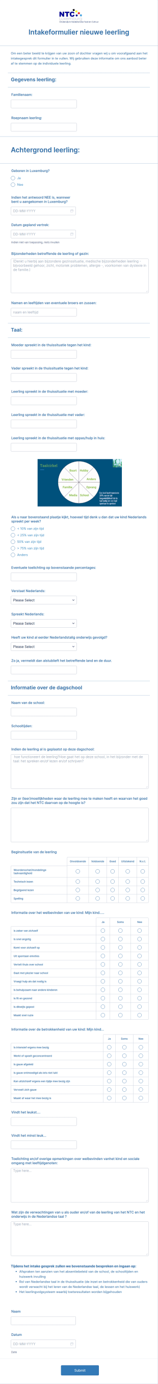 Intakeformulier Nieuwe NTC Leerlingen