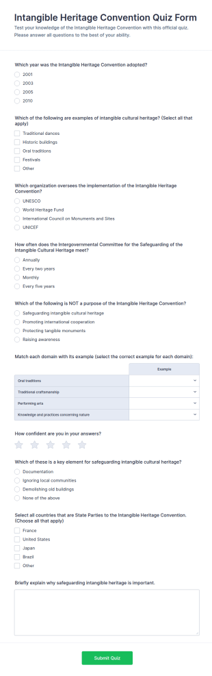 Intangible Heritage Convention Quiz Form Template