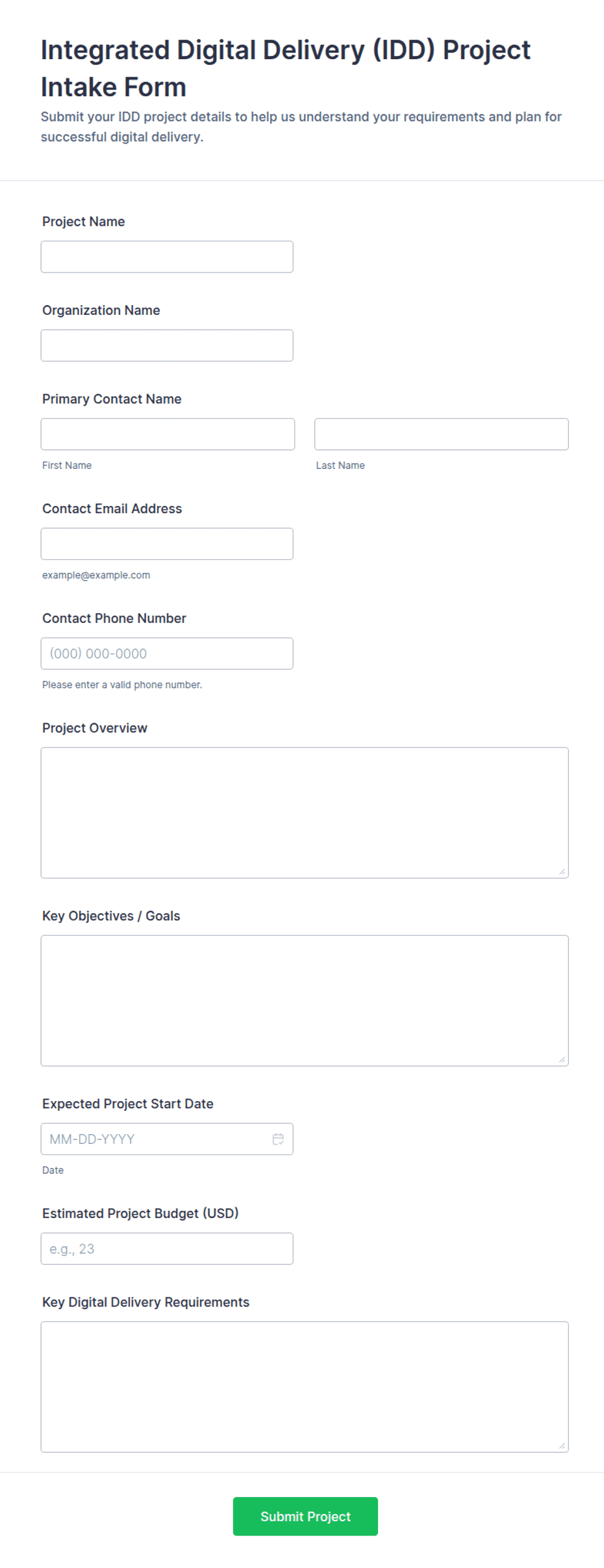 Integrated Digital Delivery (IDD) Project Intake Form Template | Jotform