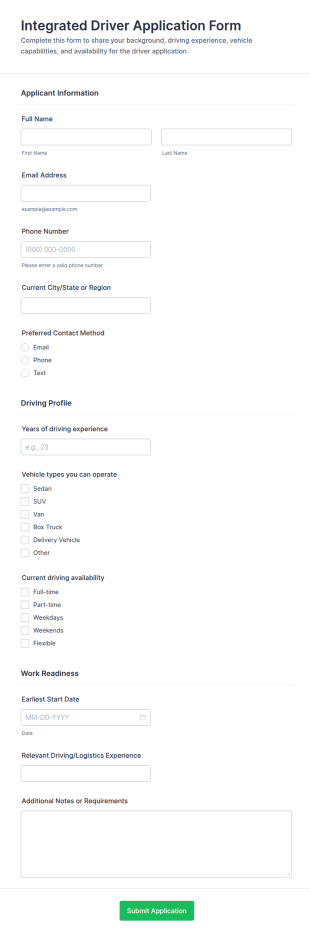 Integrated Driver Application Form Template