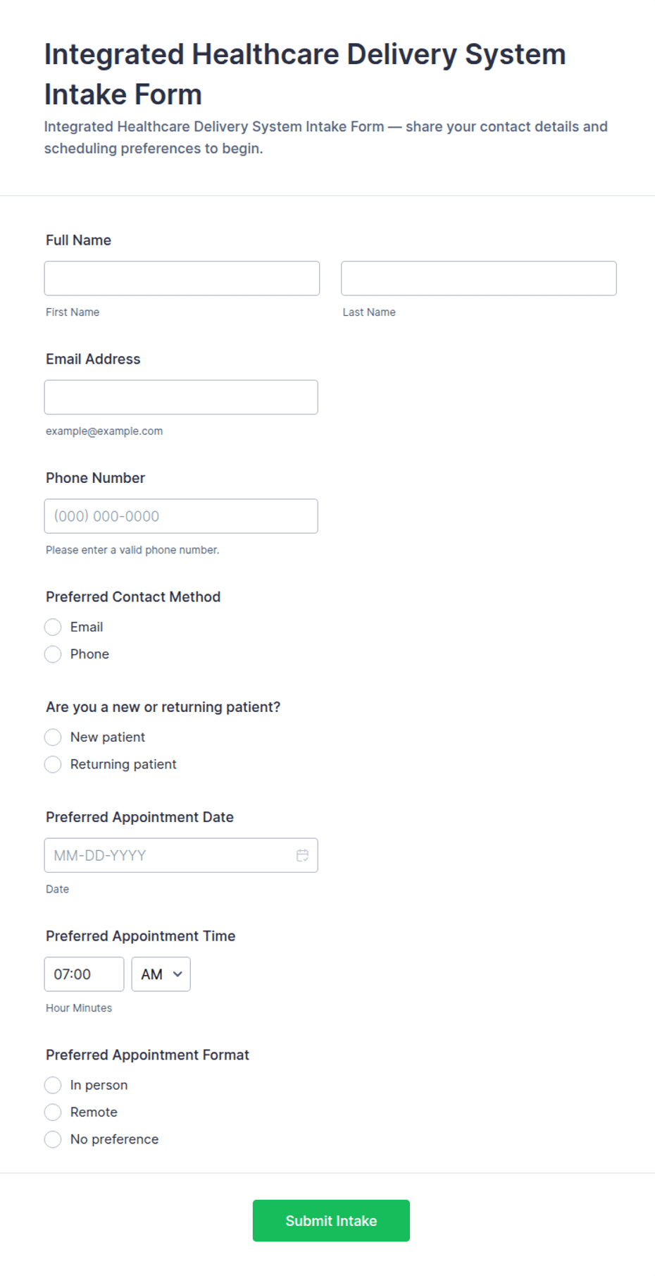 Integrated Healthcare Delivery Intake Form Template | Jotform