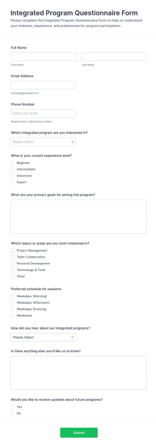 Integrated Program Questionnaire Form Template