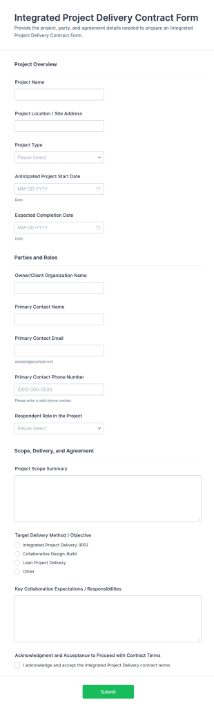 Integrated Project Delivery Contract Form Template