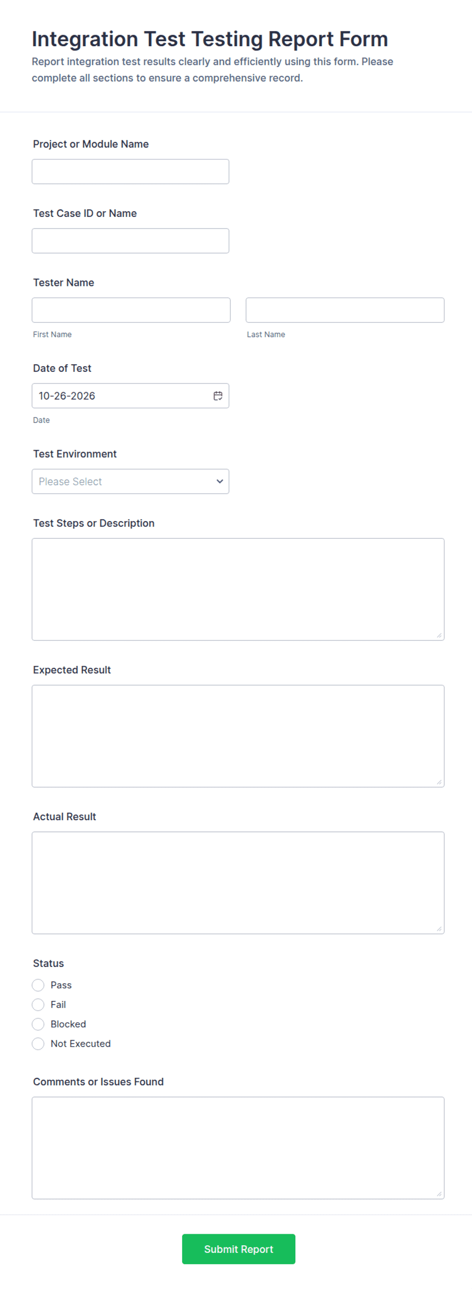 Integration Test Testing Report Form Template | Jotform