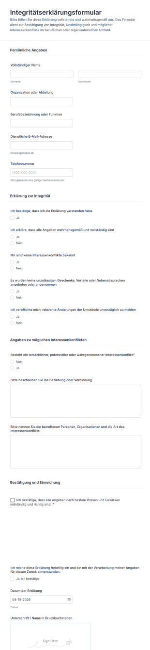 Integritätserklärung Formular
