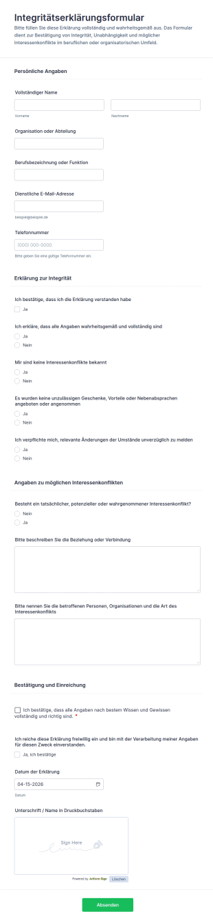 Integritätserklärung Formular