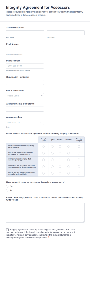 Integrity Agreement For Assessors Form Template