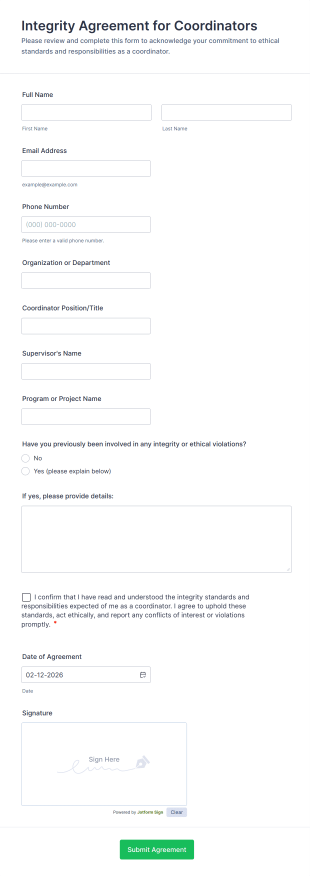 Integrity Agreement For Coordinators Form Template
