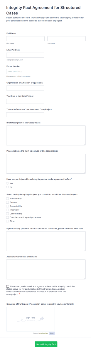 Integrity Pact Agreement For Structured Cases Form Template