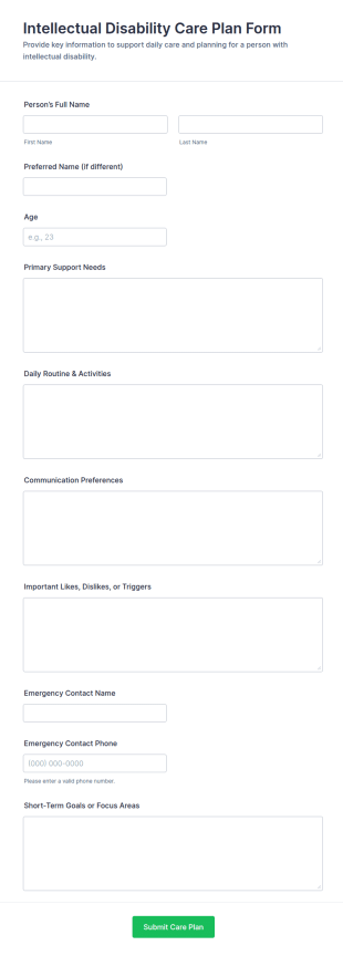 Intellectual Disability Care Plan Form Template