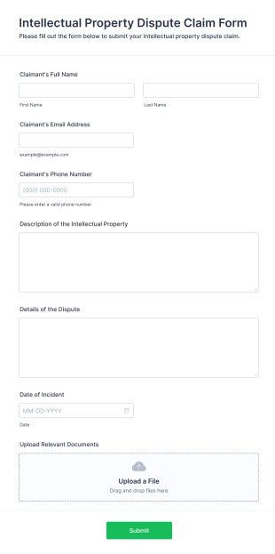 Intellectual Property Dispute Claim Form Form Template