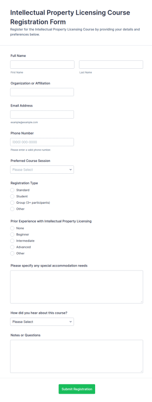 Intellectual Property Licensing Course Registration Form Template