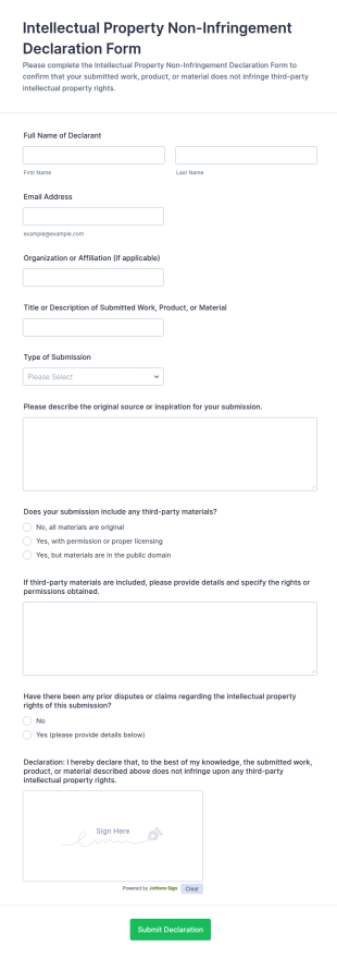 Intellectual Property Non Infringement Declaration Form Template