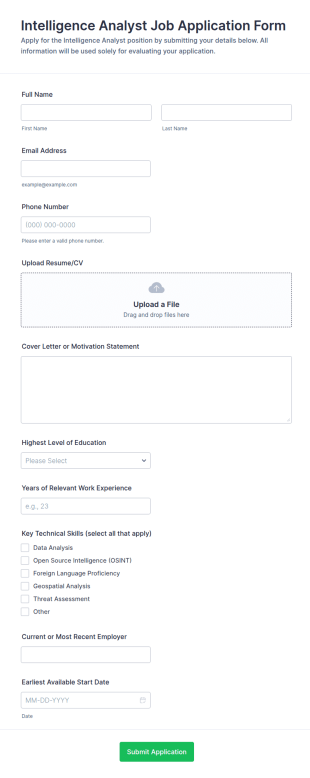 Intelligence Analyst Job Application Form Template