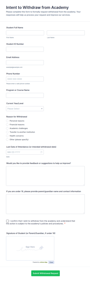 Intent To Withdraw From Academy Form Template