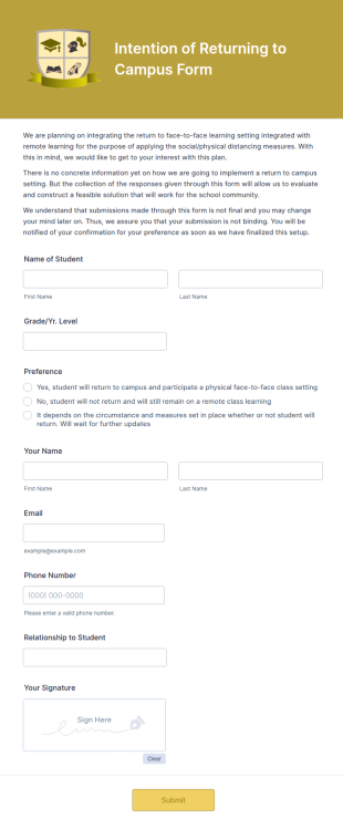 Intention Of Returning To Campus Form Template