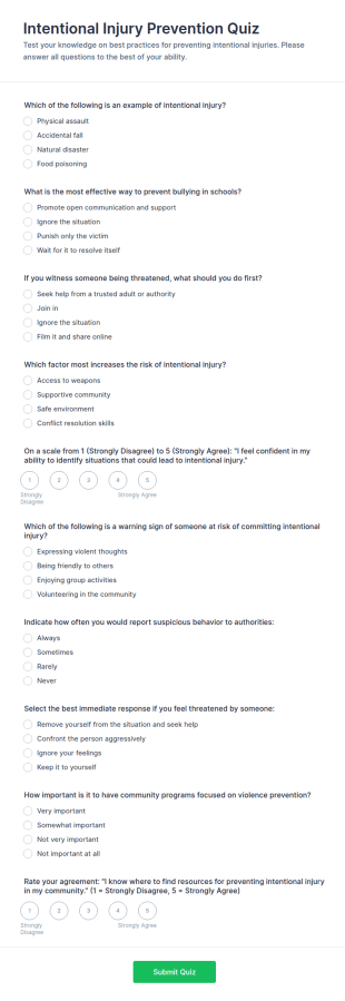 Intentional Injury Prevention Quiz Form Template