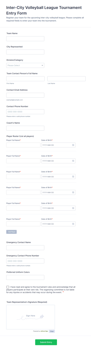 Inter City Volleyball League Tournament Entry Form Template