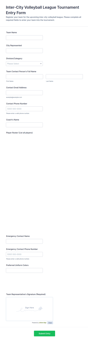 Inter City Volleyball League Tournament Entry Form Template