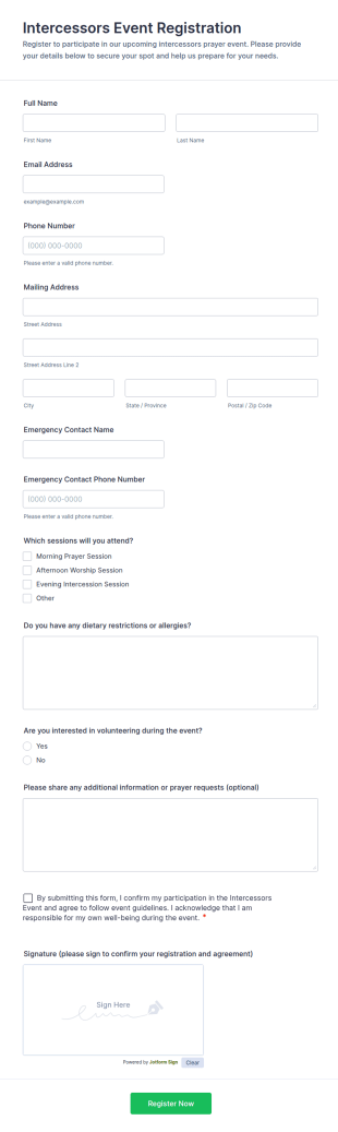 Intercessors Event Registration Form Template