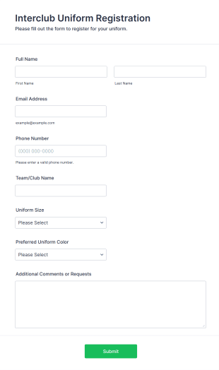 Interclub Uniform Registration Form Template