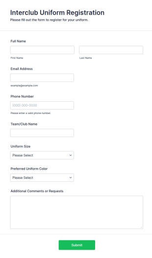Interclub Uniform Registration Form Template