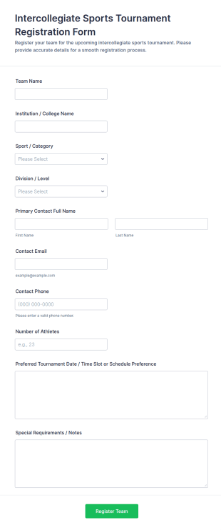 Intercollegiate Sports Tournament Registration Form Template