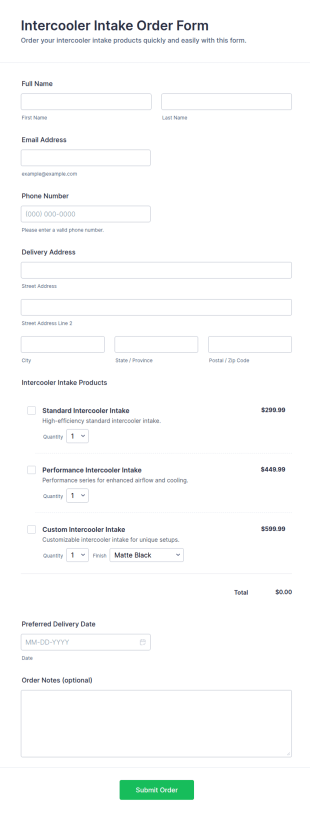 Intercooler Intake Order Form Template