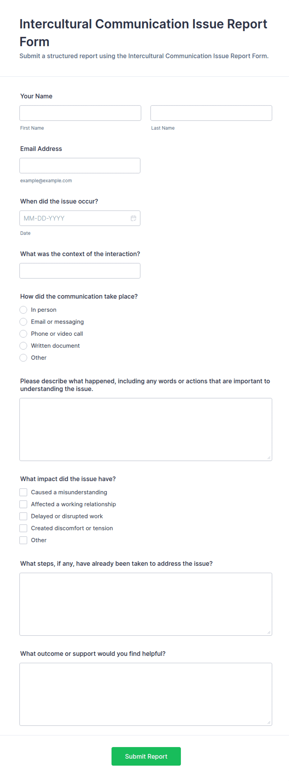 Intercultural Communication Issue Report Form Template | Jotform