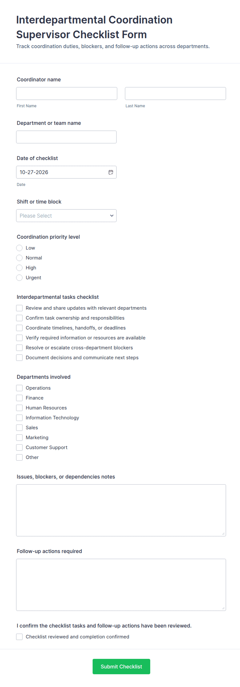 Interdepartmental Coordination Supervisor Checklist Form Template | Jotform