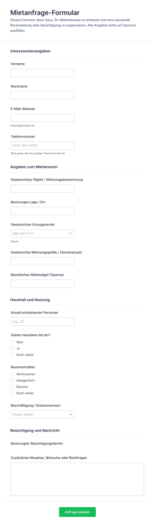 Interesseformular Zur Mietbewerbung
