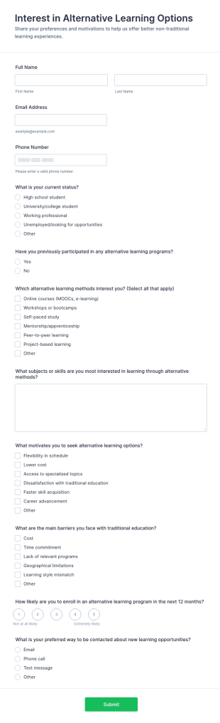 Interest In Alternative Learning Options Form Template
