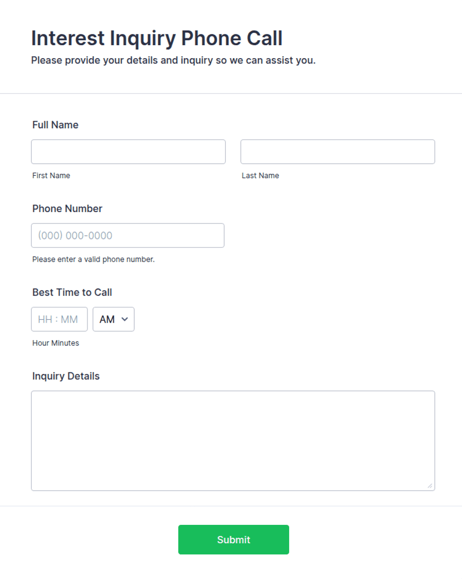 Interest Inquiry Phone Call Form Template | Jotform