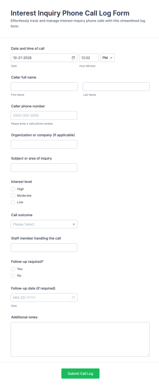 Interest Inquiry Phone Call Log Form Template
