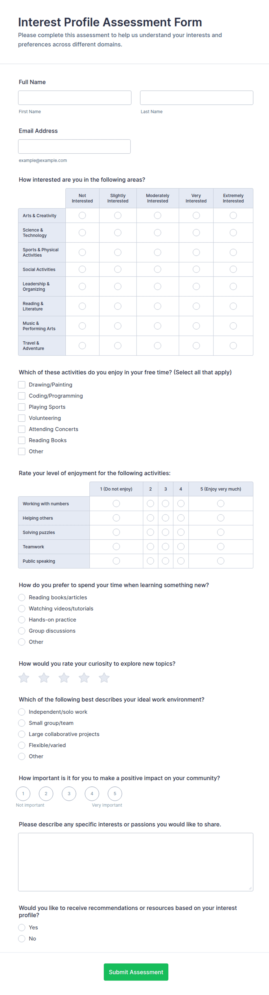 Interest Profile Assessment Form Template | Jotform