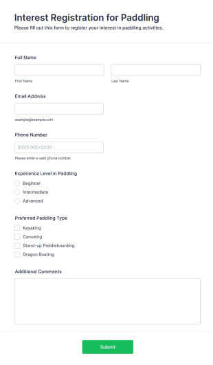 Interest Registration For Paddling Form Template