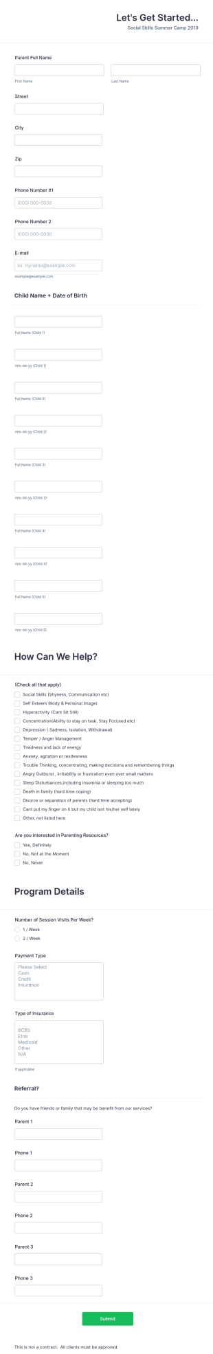Social Skills Summer Camp Form Template