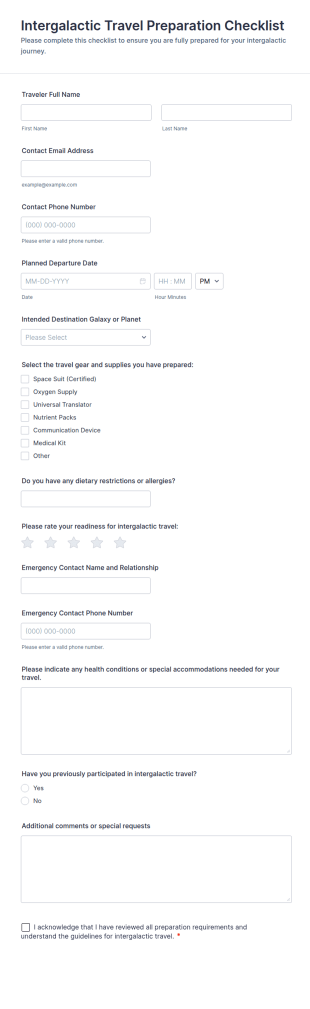 Intergalactic Travel Preparation Checklist Form Template