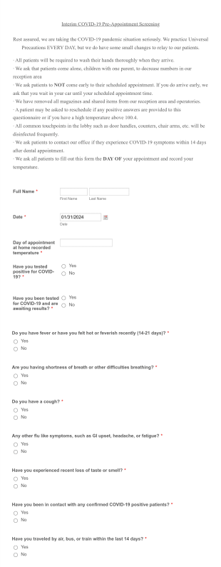 Interim COVID 19 Pre Appointment Screening Form Template