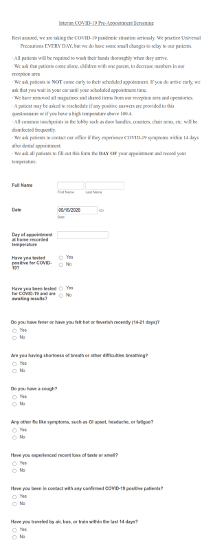 Interim COVID 19 Pre Appointment Screening Form Template