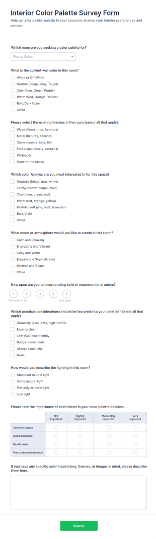 Interior Color Palette Survey Form Template